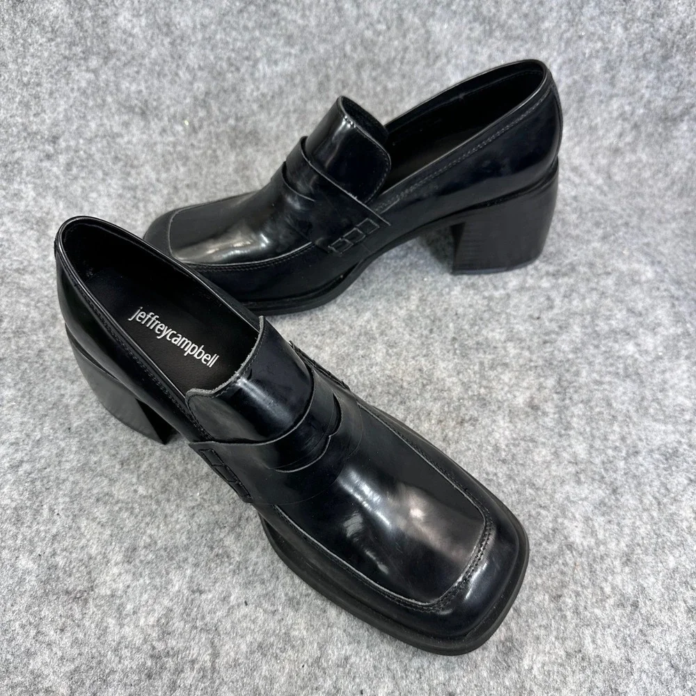 Jeffrey Campbell Ecole Loafers Womens 9 Black Patent Block Heel Penny Platform